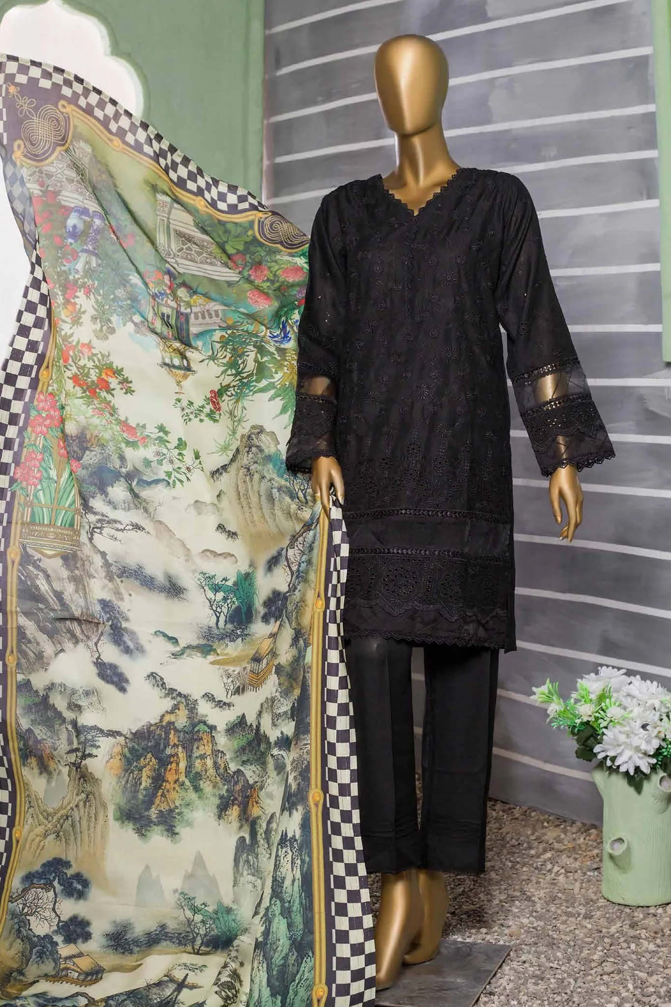 Bin Saeed Stitched 3 Piece Dhanak Winter Shawl Vol-02 Collection'2022-SM-024-Black