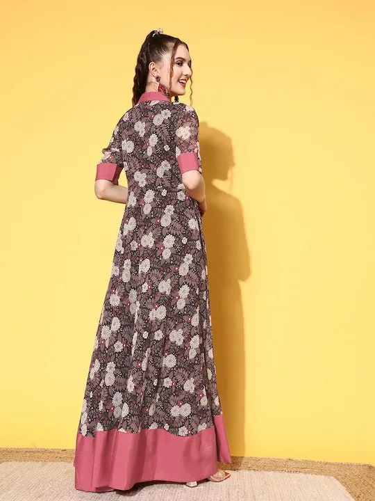 Black & Pink Floral Printed Georgette Maxi Dress