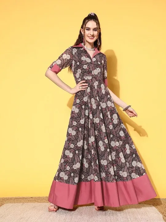 Black & Pink Floral Printed Georgette Maxi Dress