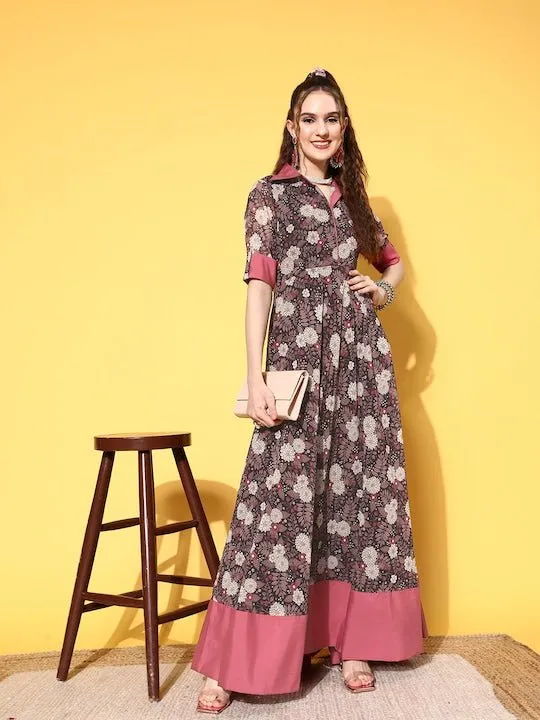 Black & Pink Floral Printed Georgette Maxi Dress