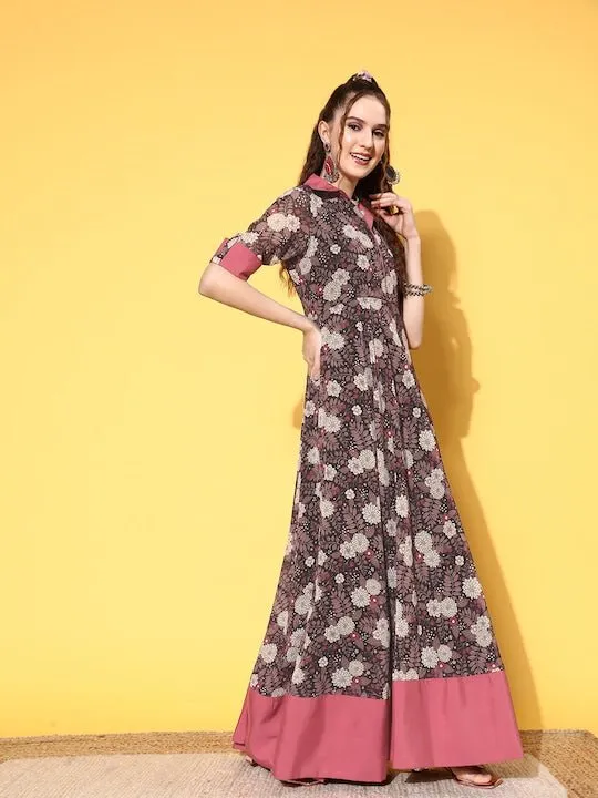 Black & Pink Floral Printed Georgette Maxi Dress