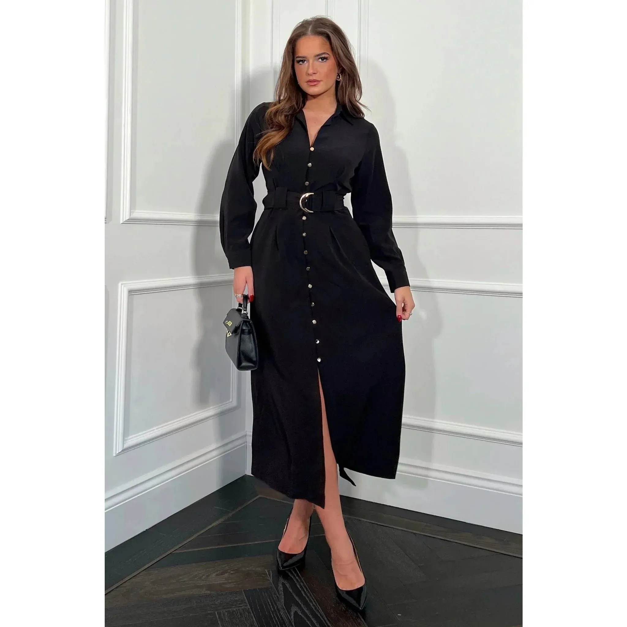 Black Buckle Detail Long Sleeve Midi Shirt Dress