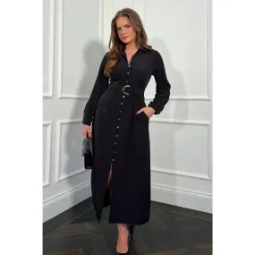 Black Buckle Detail Long Sleeve Midi Shirt Dress