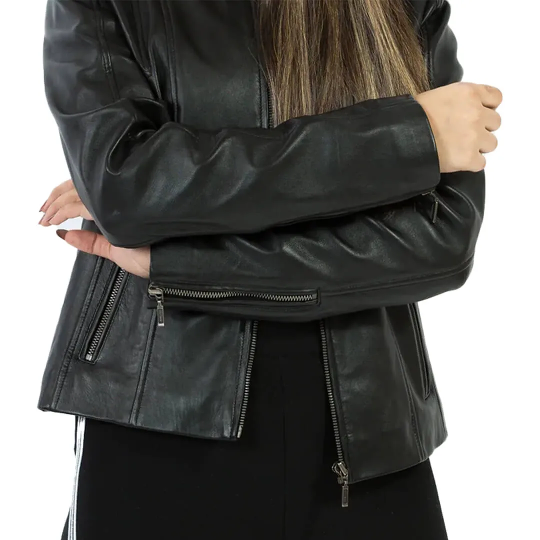 Black Leather Biker Jacket with Zipper Cuffs