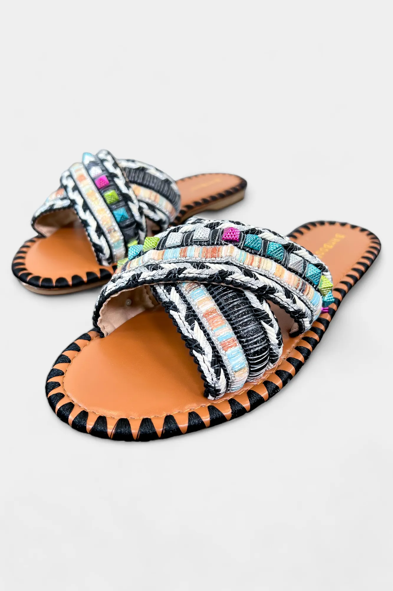 Black Multi Studded Slip On Sandals