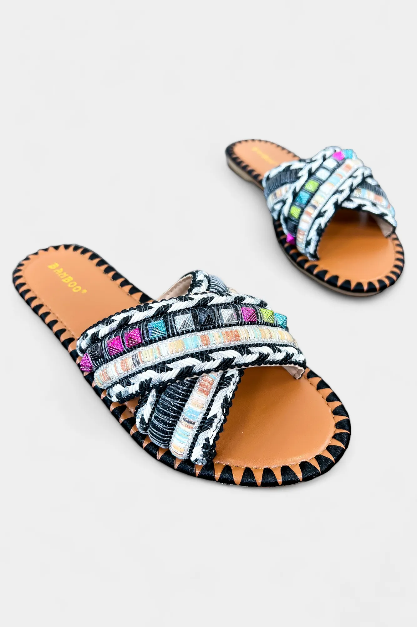 Black Multi Studded Slip On Sandals