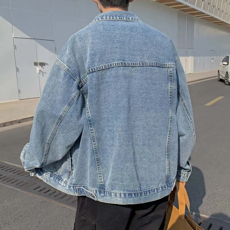 Bonsir carhartt jacket outfit New Hong Kong Style Denim Coat Korean Style Loose Harajuku Style Bf Mid-Length Men's Denim Jacket Top