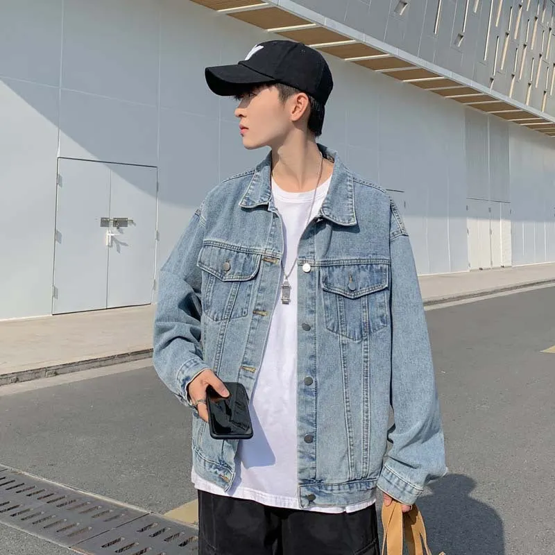 Bonsir carhartt jacket outfit New Hong Kong Style Denim Coat Korean Style Loose Harajuku Style Bf Mid-Length Men's Denim Jacket Top