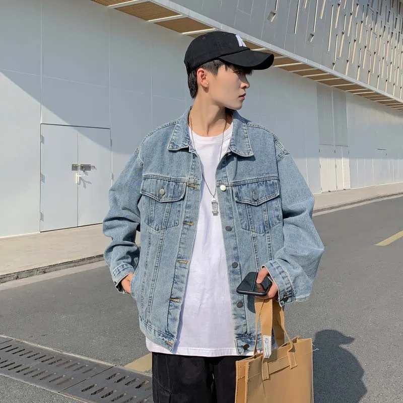 Bonsir carhartt jacket outfit New Hong Kong Style Denim Coat Korean Style Loose Harajuku Style Bf Mid-Length Men's Denim Jacket Top