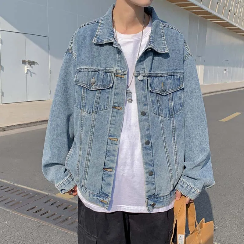 Bonsir carhartt jacket outfit New Hong Kong Style Denim Coat Korean Style Loose Harajuku Style Bf Mid-Length Men's Denim Jacket Top