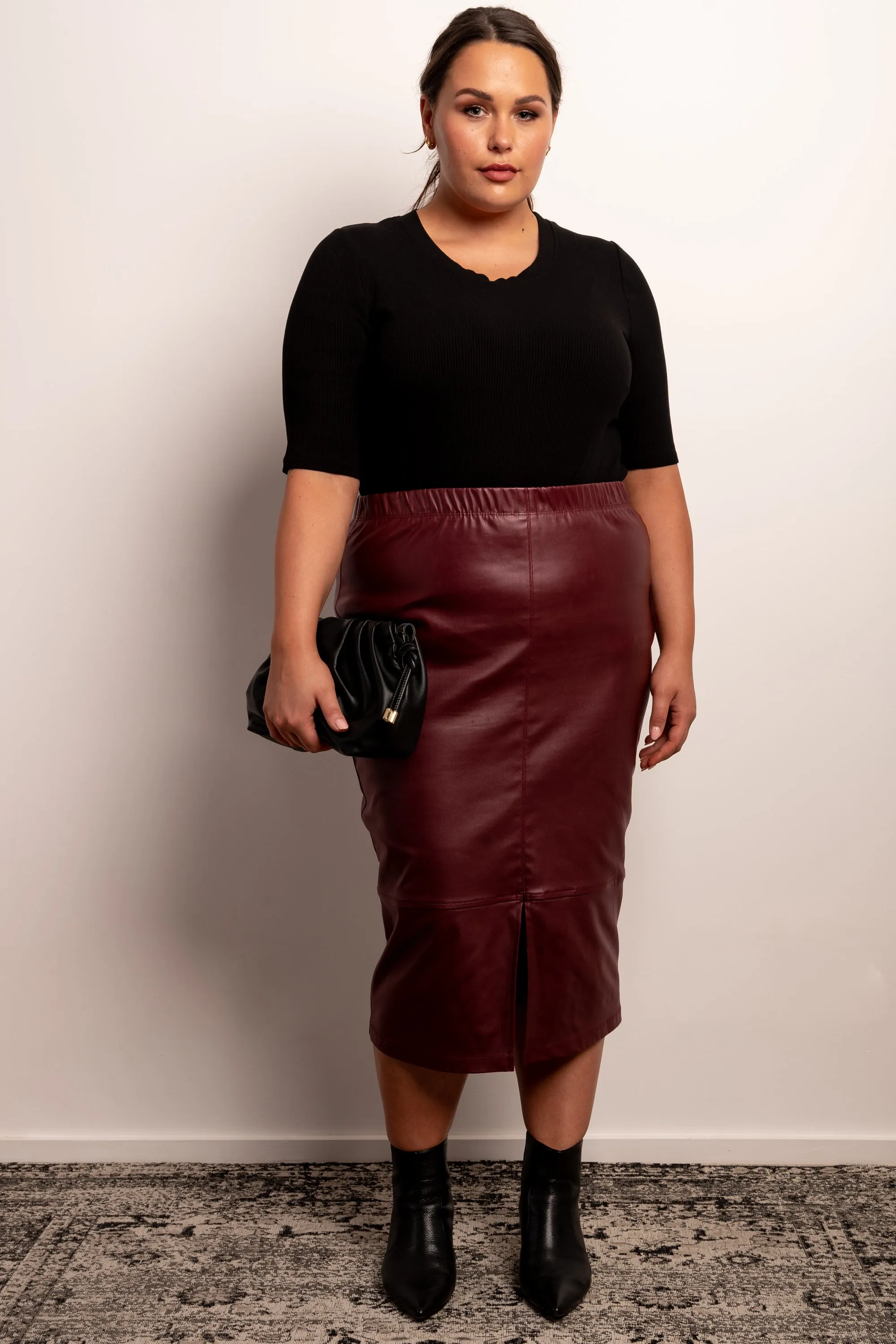 Born To Be Wild Leather Look Midi Skirt - Bordeaux - LAST ONES - XS (12/14) & S (14/16)