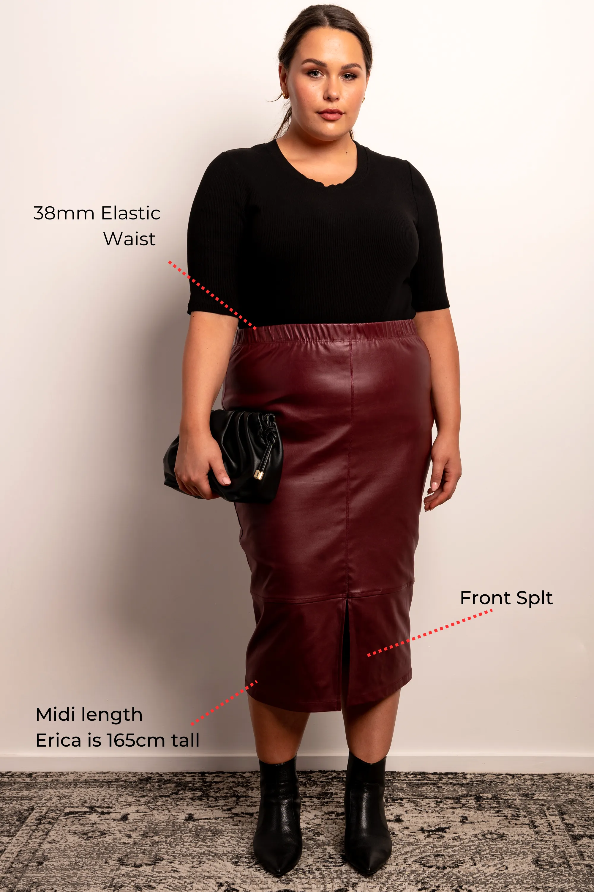 Born To Be Wild Leather Look Midi Skirt - Bordeaux - LAST ONES - XS (12/14) & S (14/16)