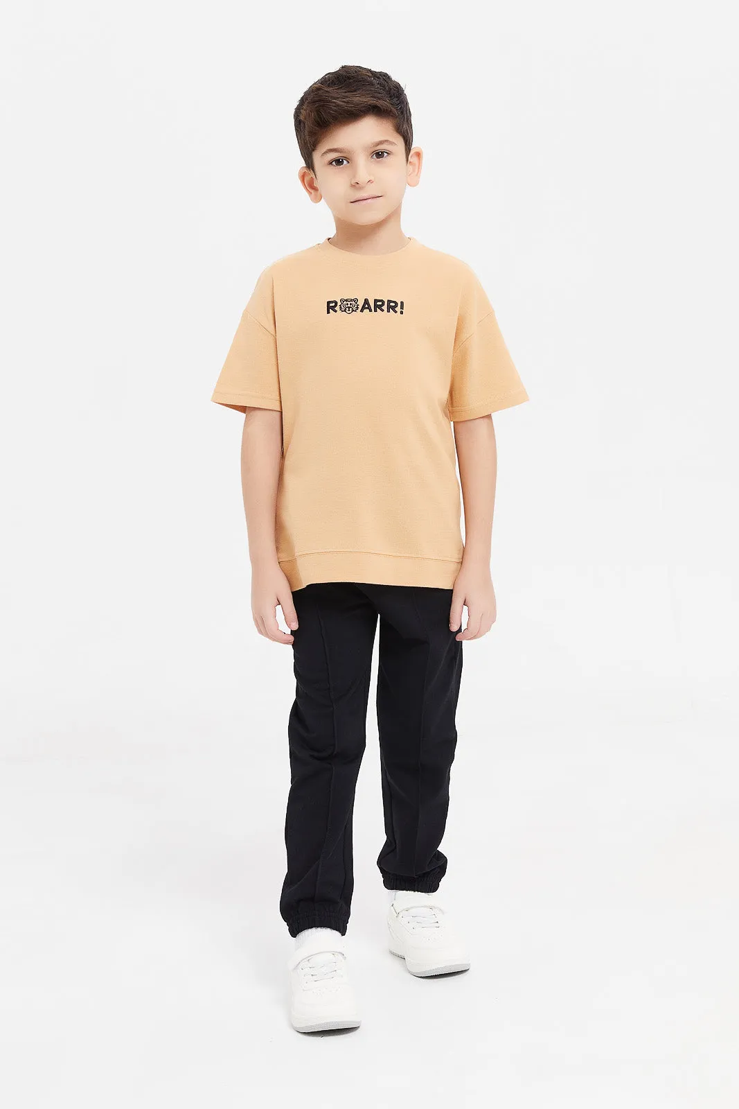 Boys Beige Embroidered Oversized T-Shirt