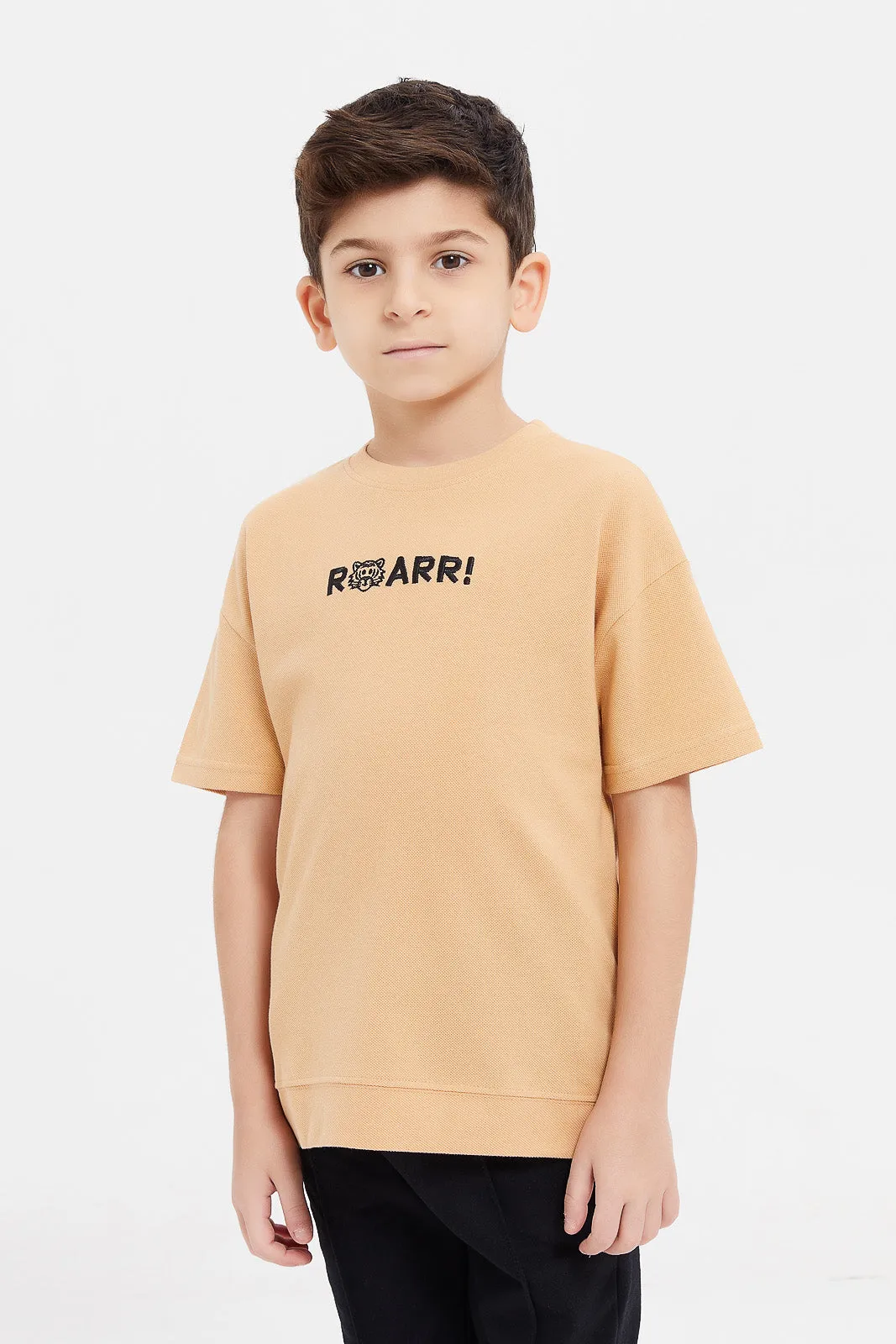 Boys Beige Embroidered Oversized T-Shirt