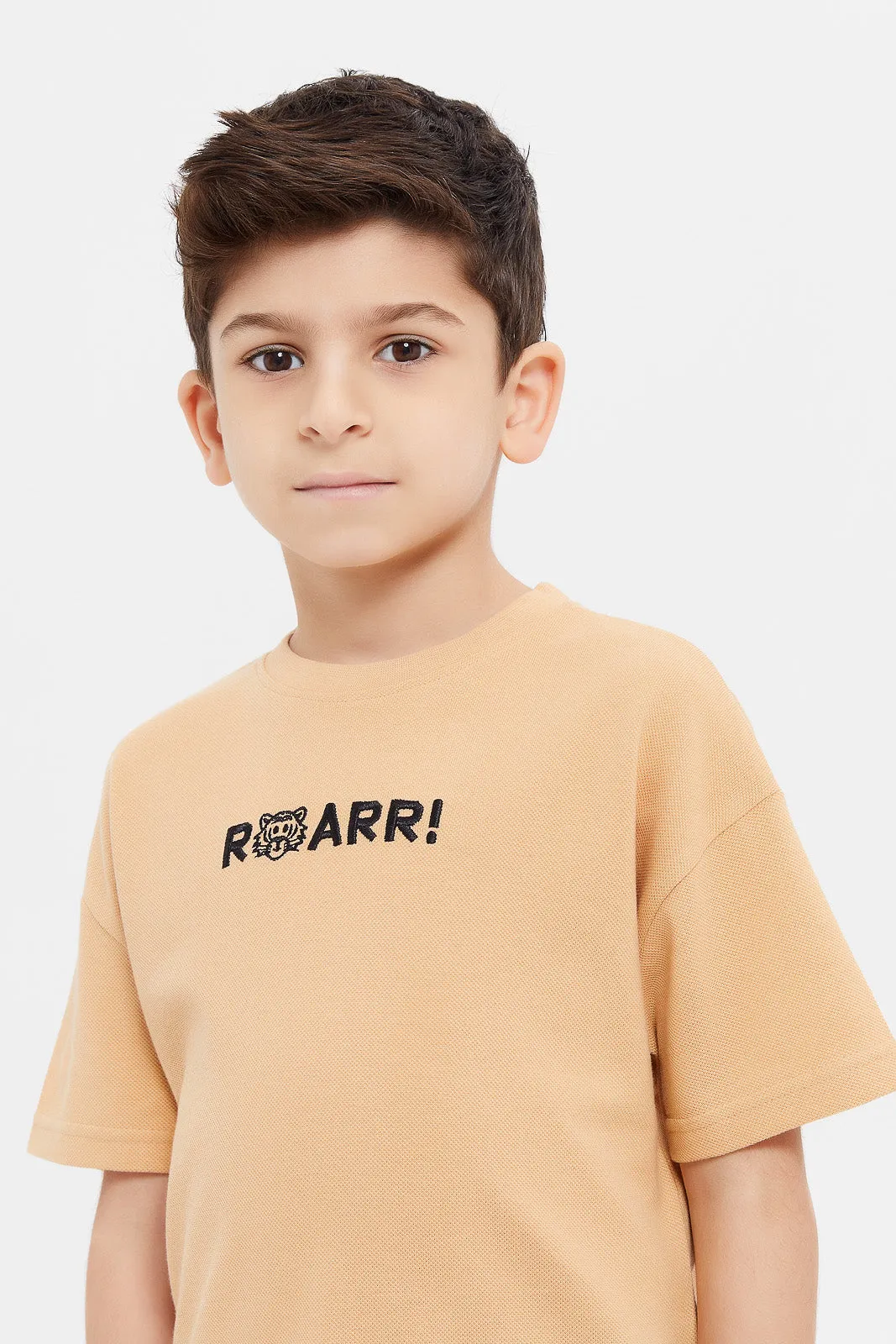 Boys Beige Embroidered Oversized T-Shirt