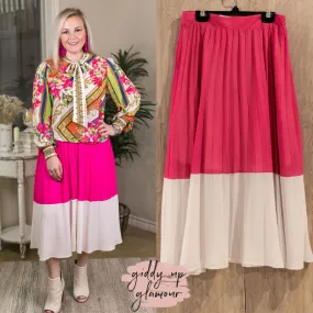 Bright Outlook Color Block High Waist Pleated Midi Skirt in Hot Pink