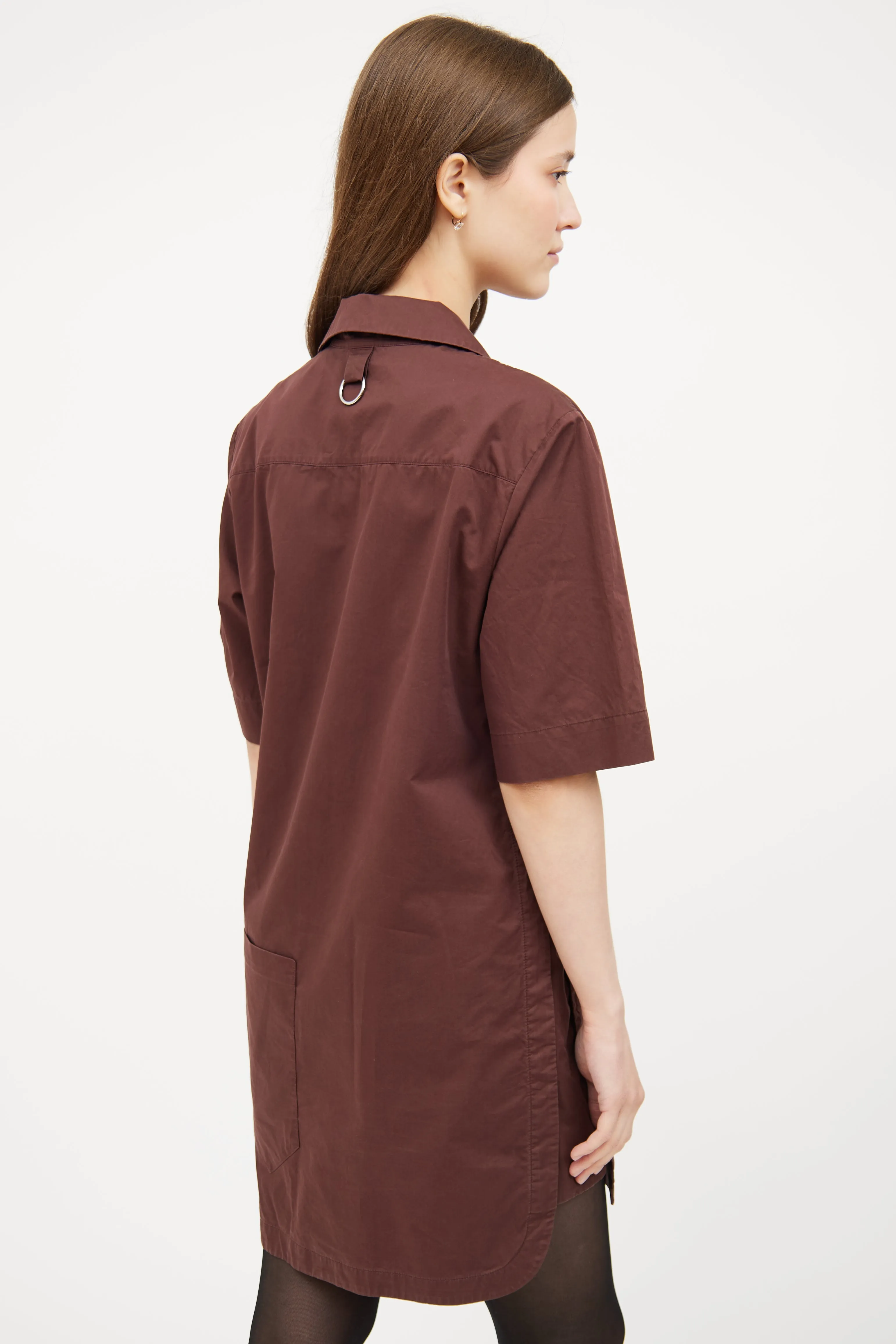 Brown Button Short Sleeve Shirt Dress