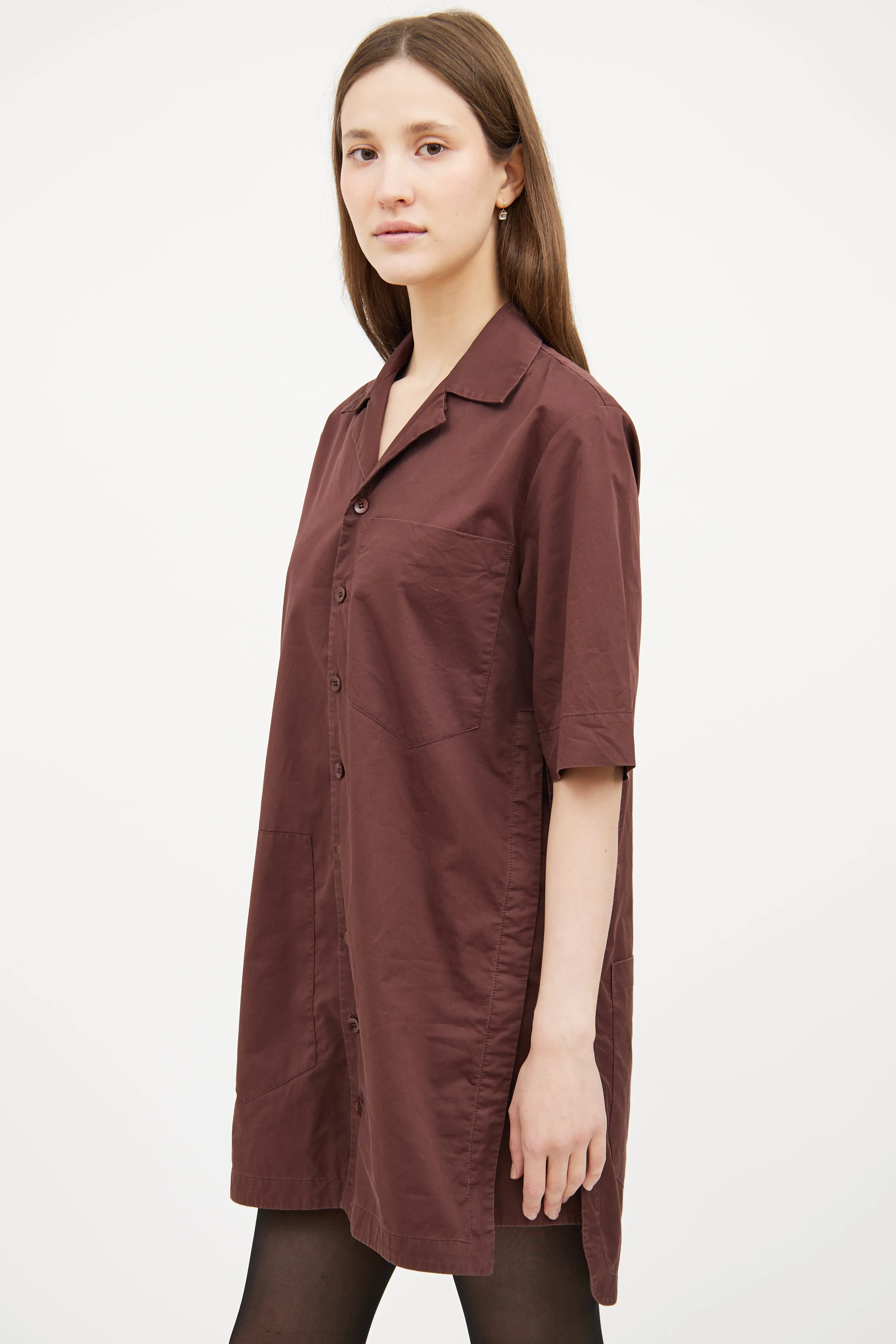 Brown Button Short Sleeve Shirt Dress