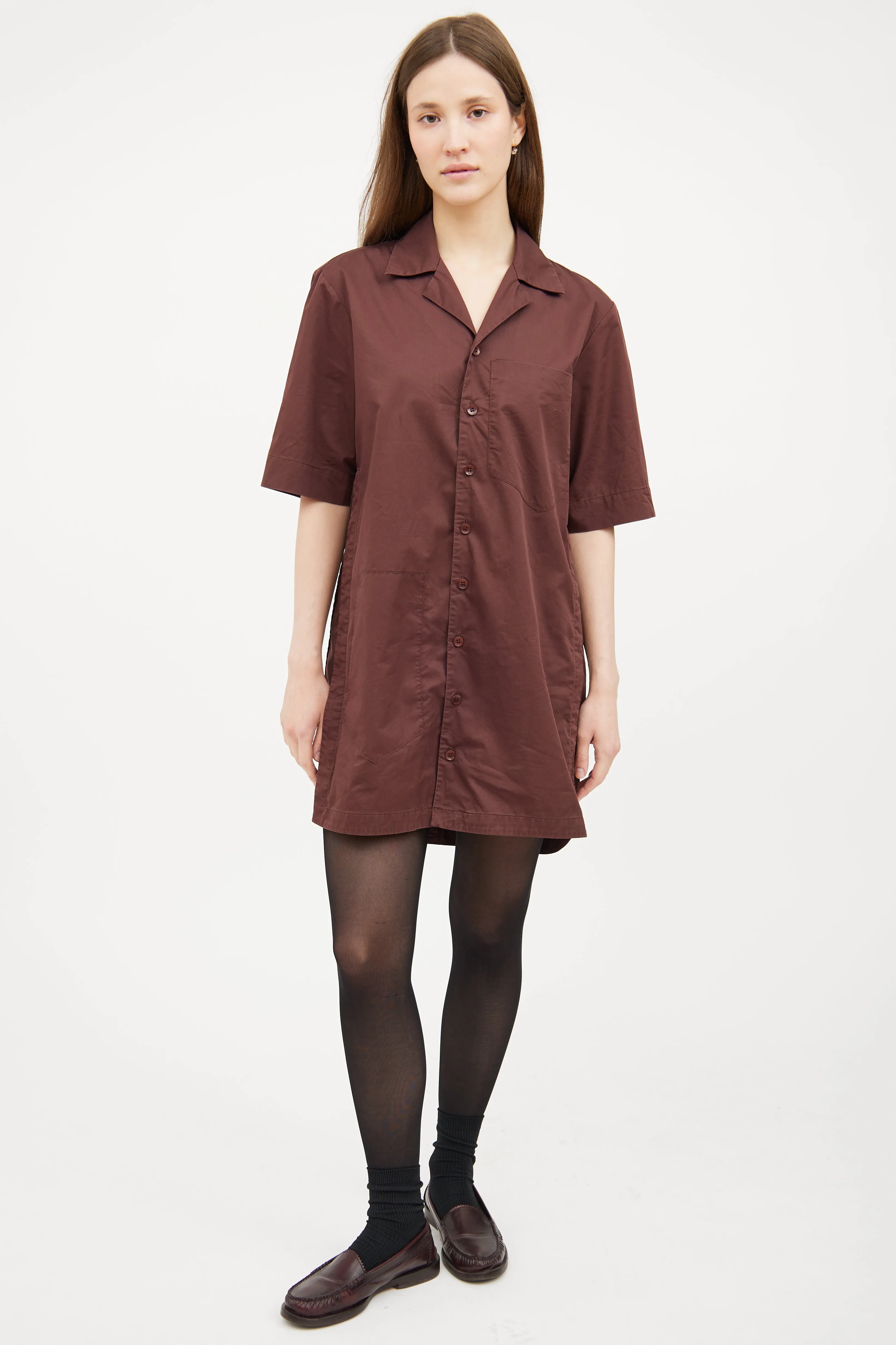 Brown Button Short Sleeve Shirt Dress