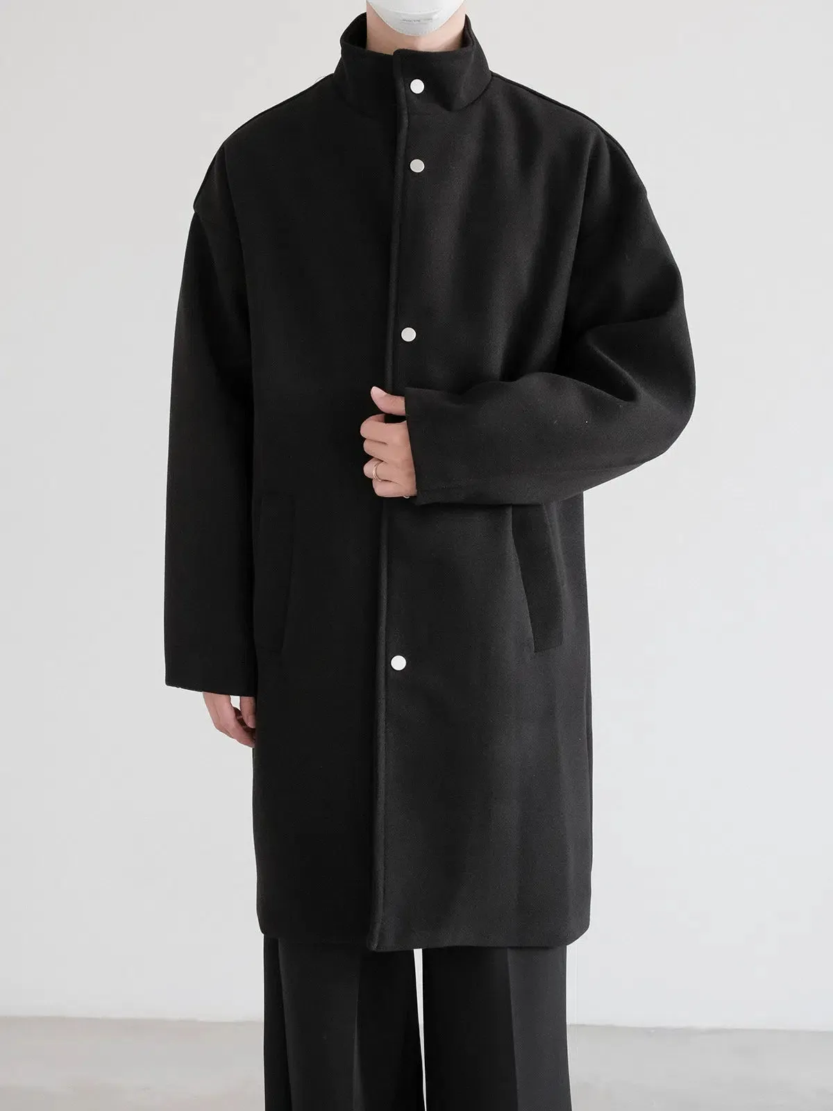 Button Closure High-Neck Woolen Coat