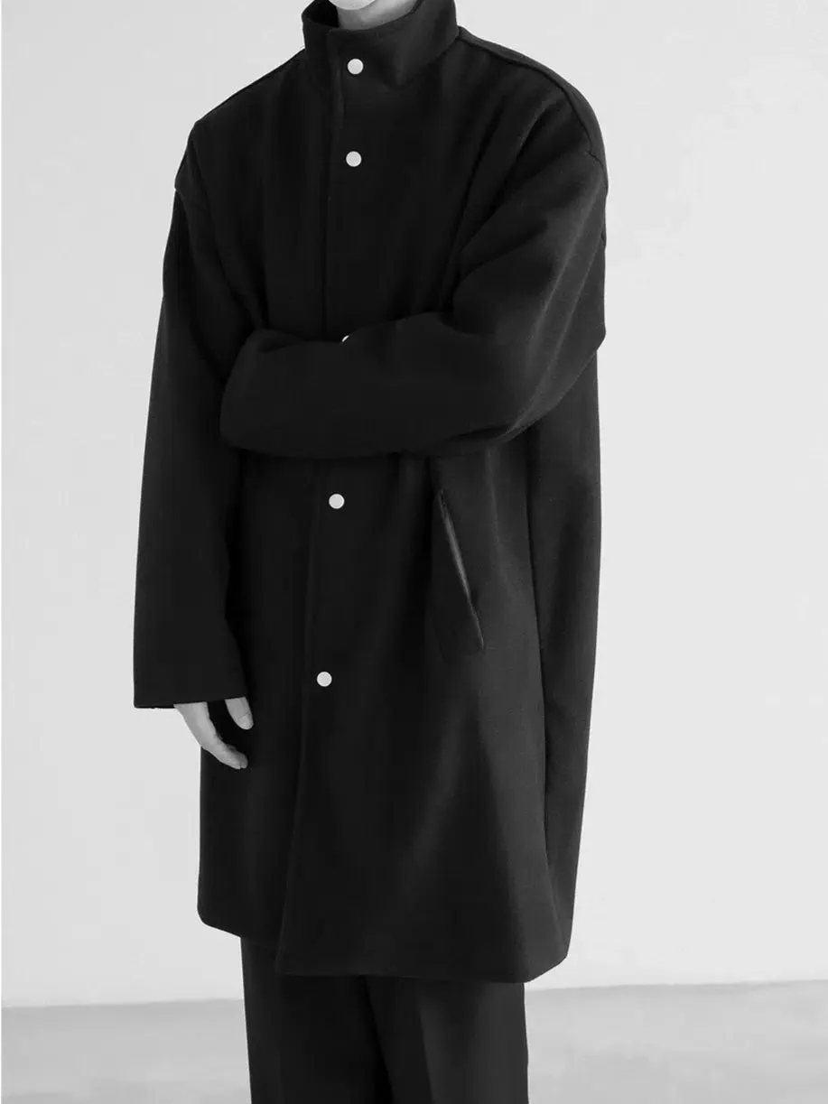 Button Closure High-Neck Woolen Coat