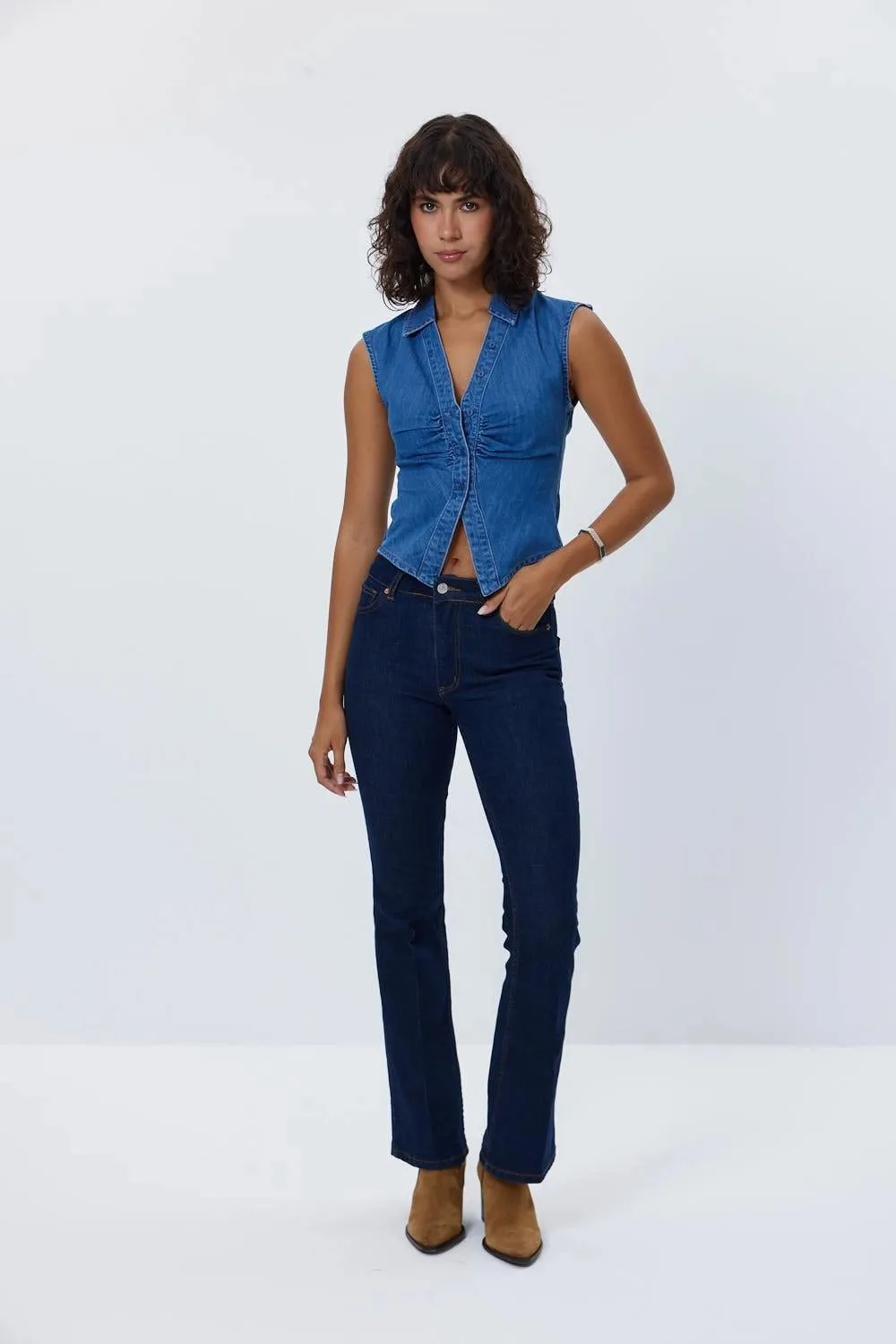 Buttoned Short Denim Blue Women's Vest