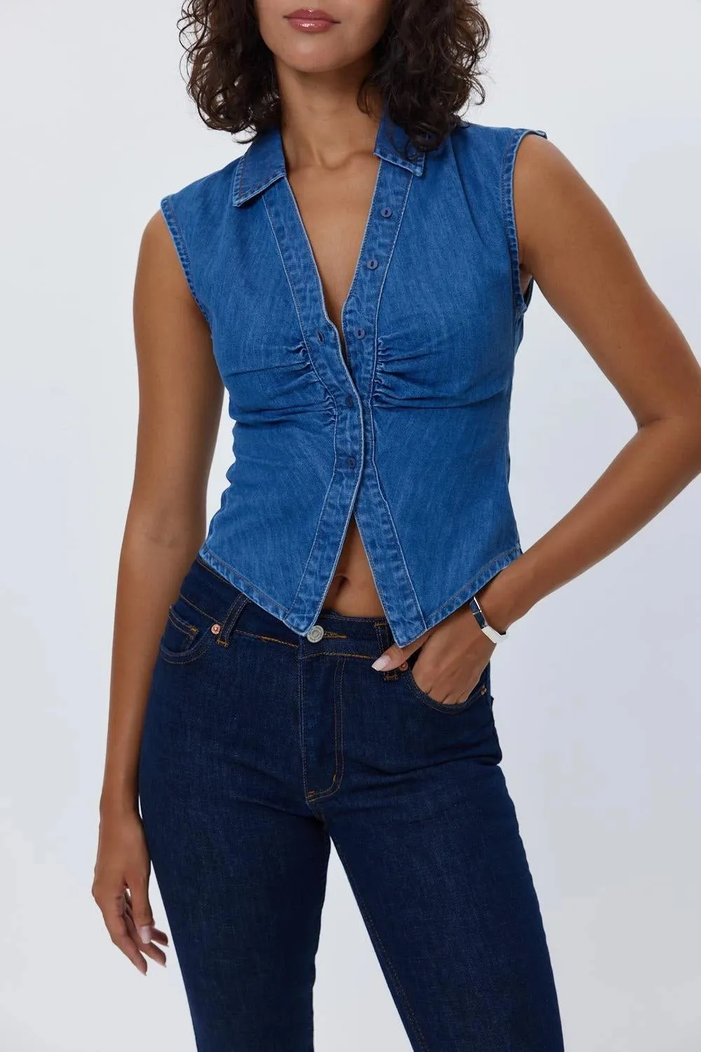 Buttoned Short Denim Blue Women's Vest