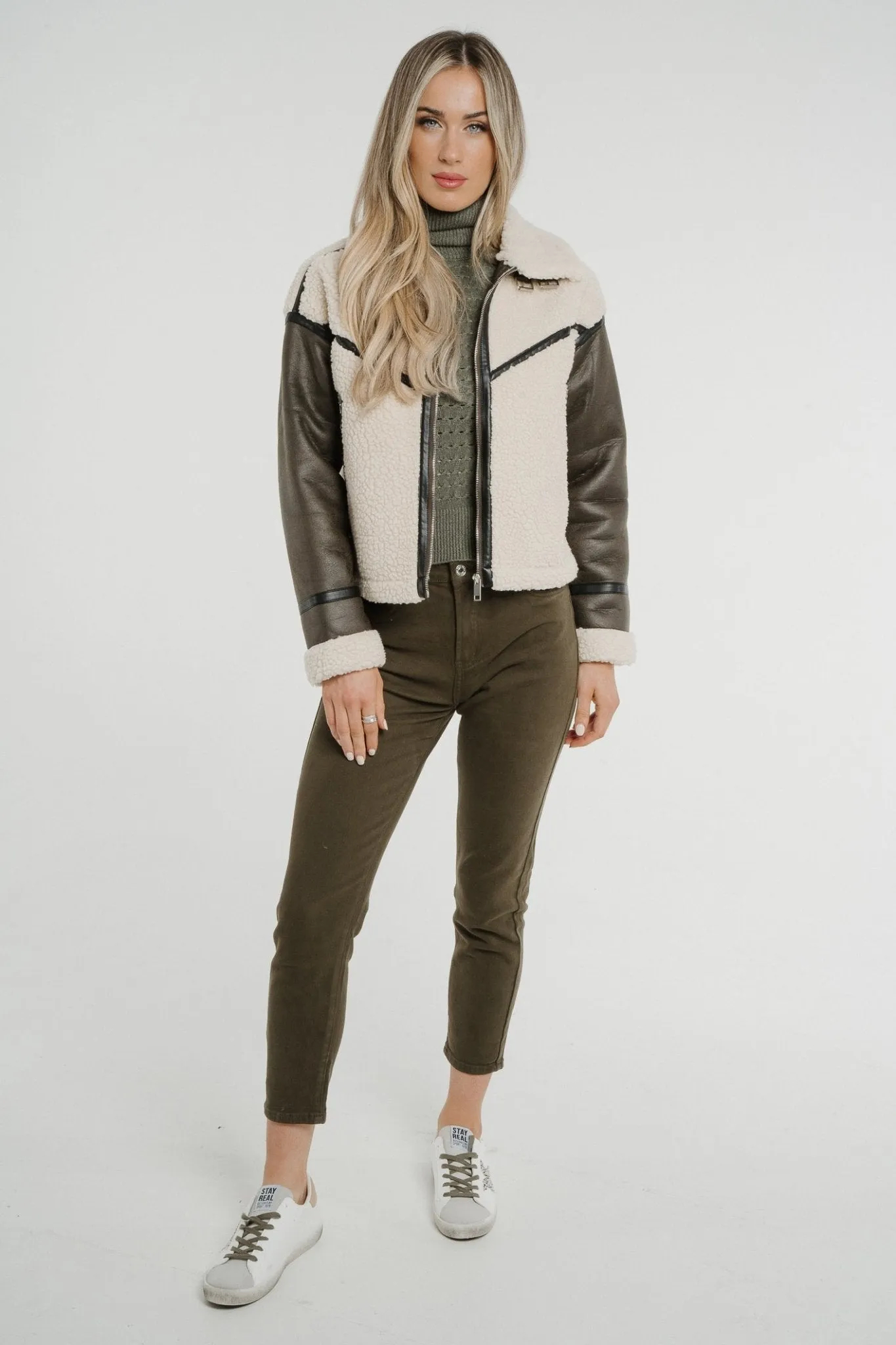 Caitlyn Shearling Faux Leather Jacket In Khaki