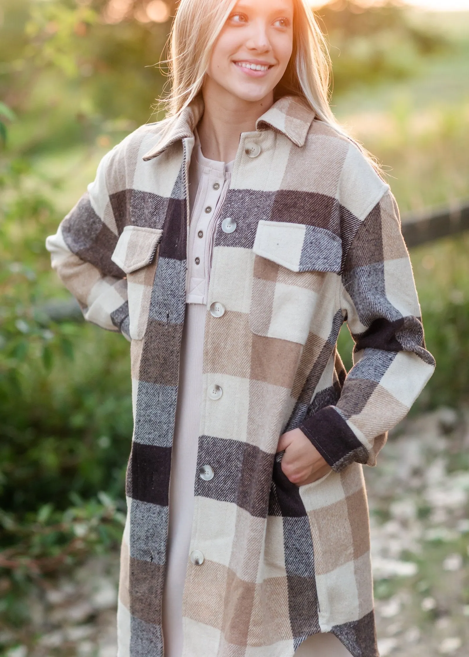 Camel Plaid Button Front Shacket