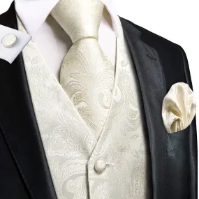 Champagne White Paisley Silk Men's Vest Hanky Cufflinks Tie Set Waistcoat Suit Set