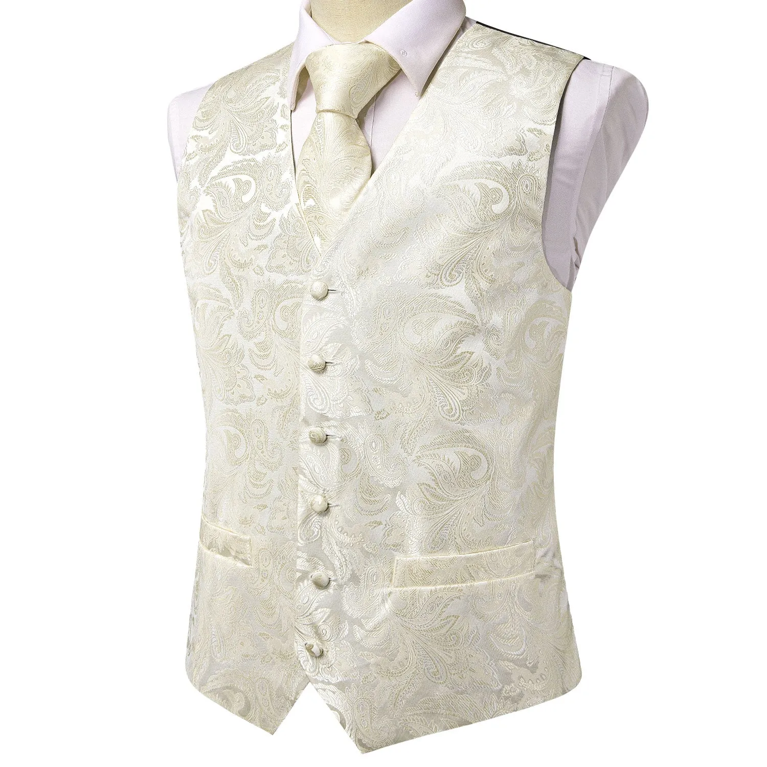 Champagne White Paisley Silk Men's Vest Hanky Cufflinks Tie Set Waistcoat Suit Set