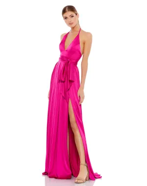 Charmeuse Halter Strap Soft Tie Waist Gown