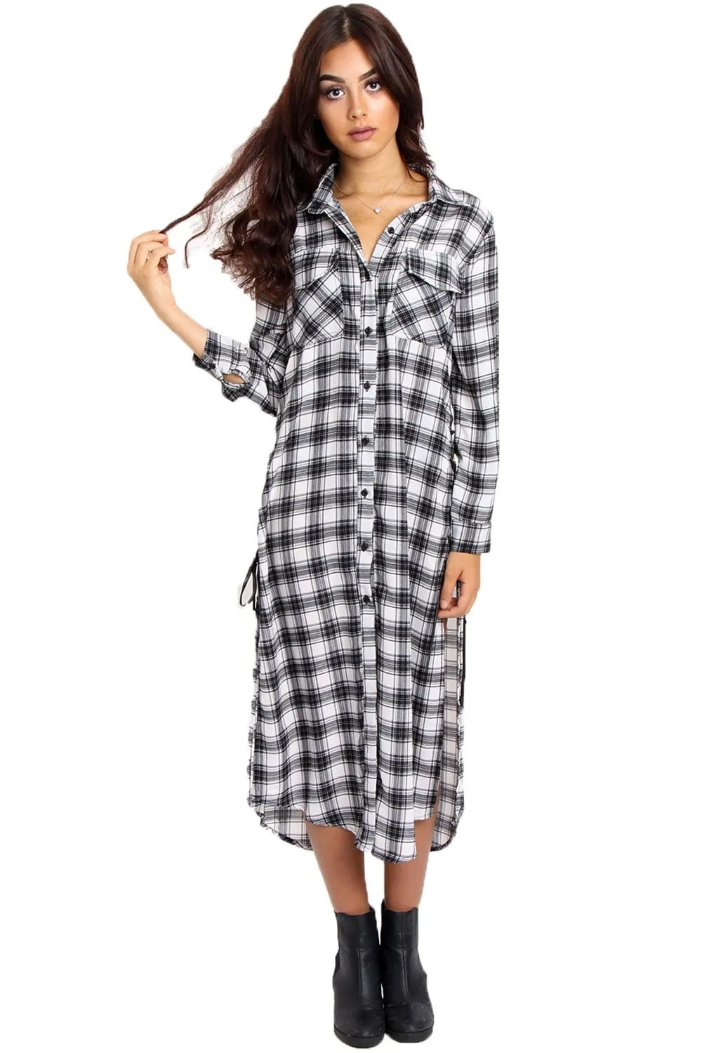 Check Print Maxi Shirt Dress with Side Lace Up Detail