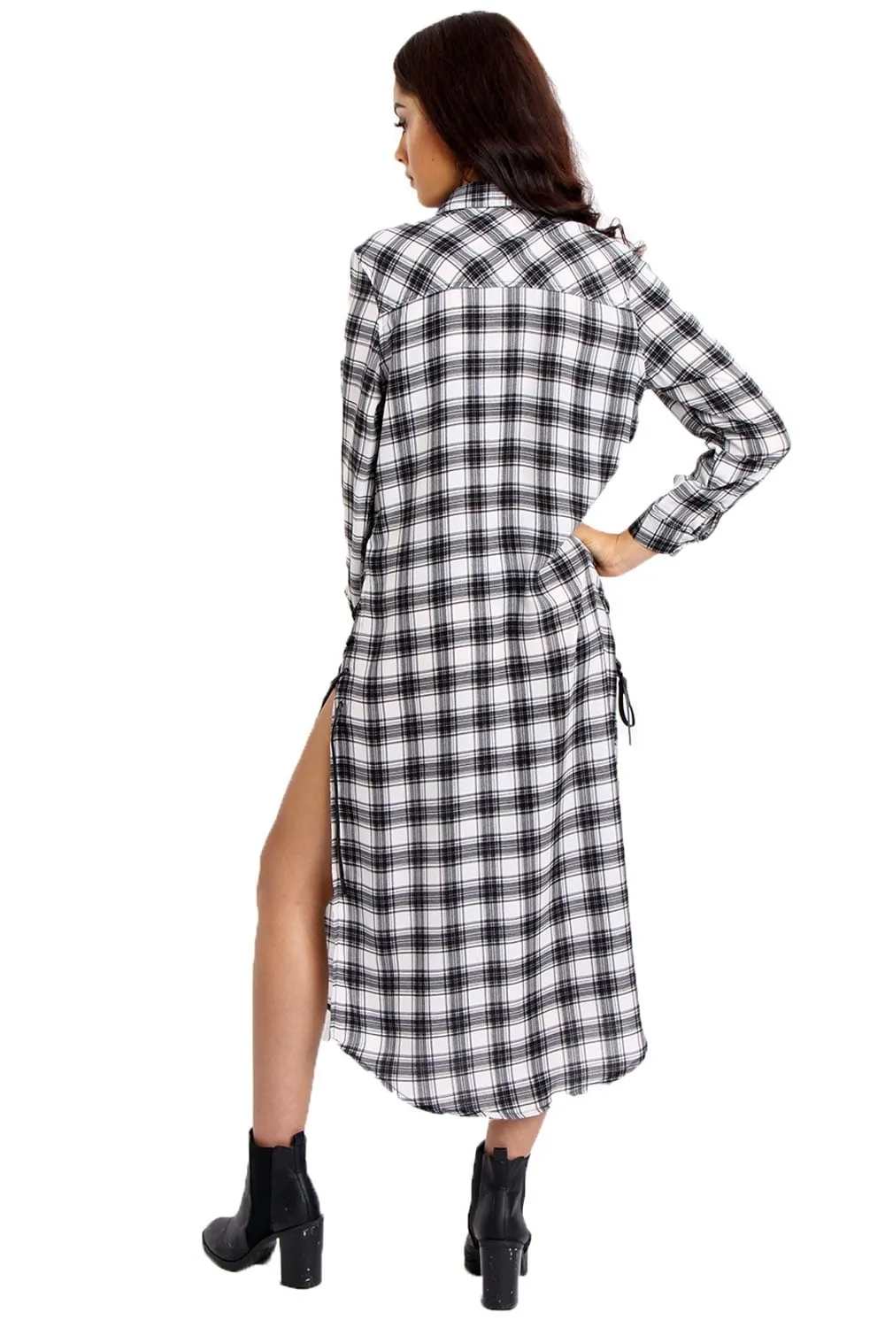 Check Print Maxi Shirt Dress with Side Lace Up Detail