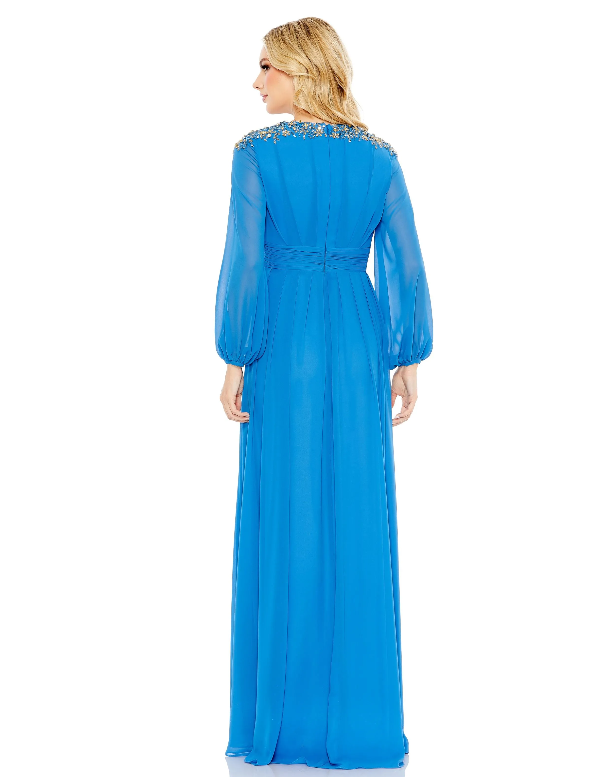 Chiffon Faux Wrap Beaded Shoulder Detail Gown | Sample | Sz. 2