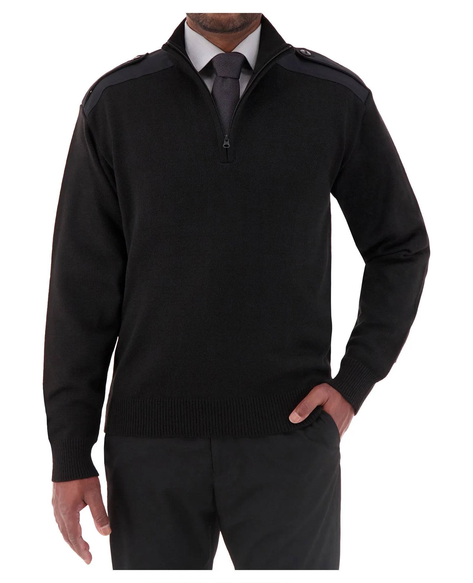 Cobmex 1/4 Zip Mockneck “Military” with Button Epaulets, Shoulder and Elbow Patches | NAVY or BLACK