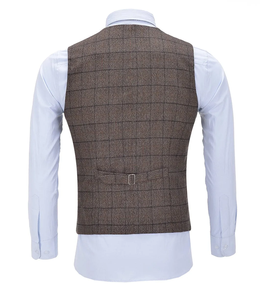 Coffee Formal Suit Vest Plaid V Neck Waistcoat