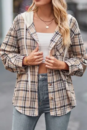 Coffee Plaid Button Up Hoodie