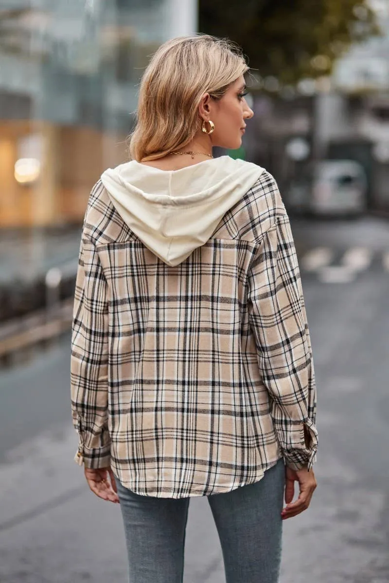 Coffee Plaid Button Up Hoodie