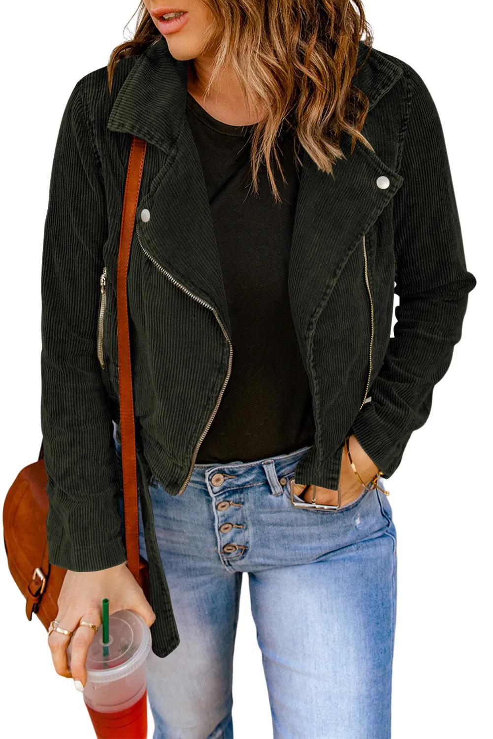 Corduroy Belted Zip Up Jacket