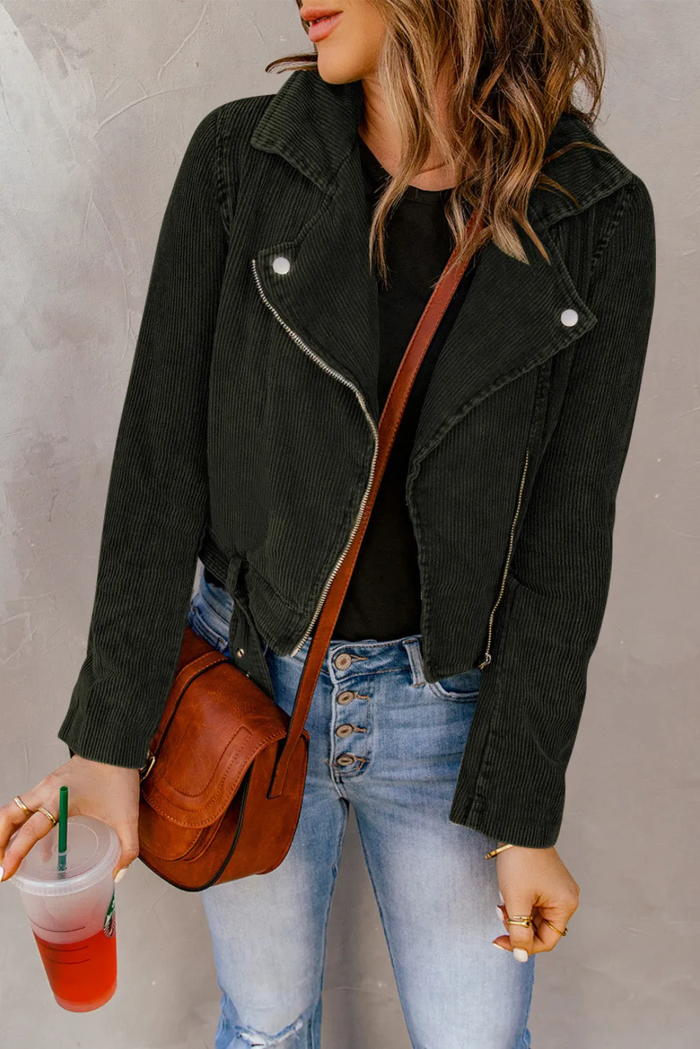 Corduroy Belted Zip Up Jacket