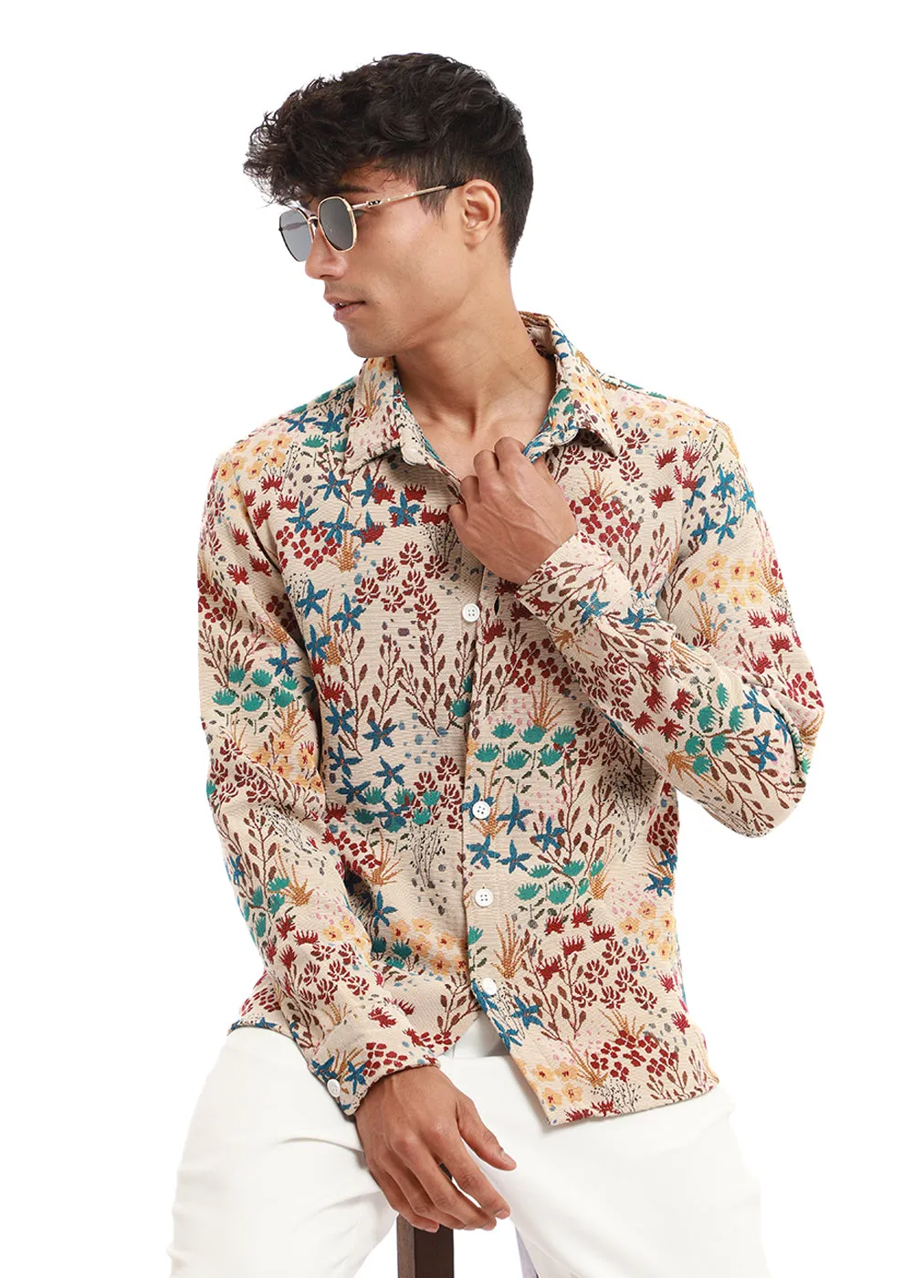 Cream Floral Jacquard Shacket