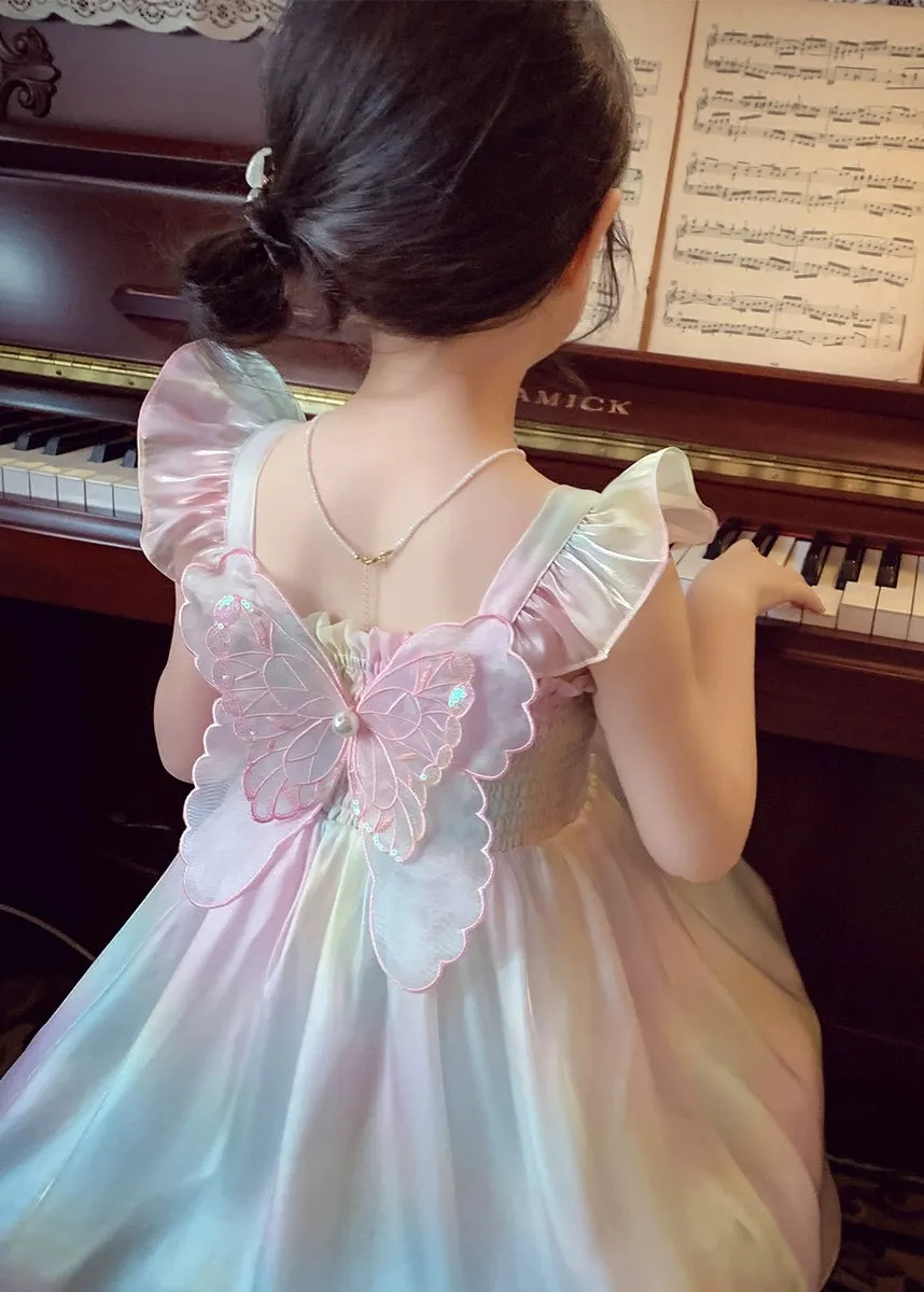 Cute Rainbow Wrinkled Bow Pearl Tulle Girls Maxi Dresses Sleeveless XZ034