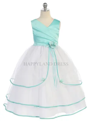 D3012 Aqua Satin and Tulle Tea Length Dress