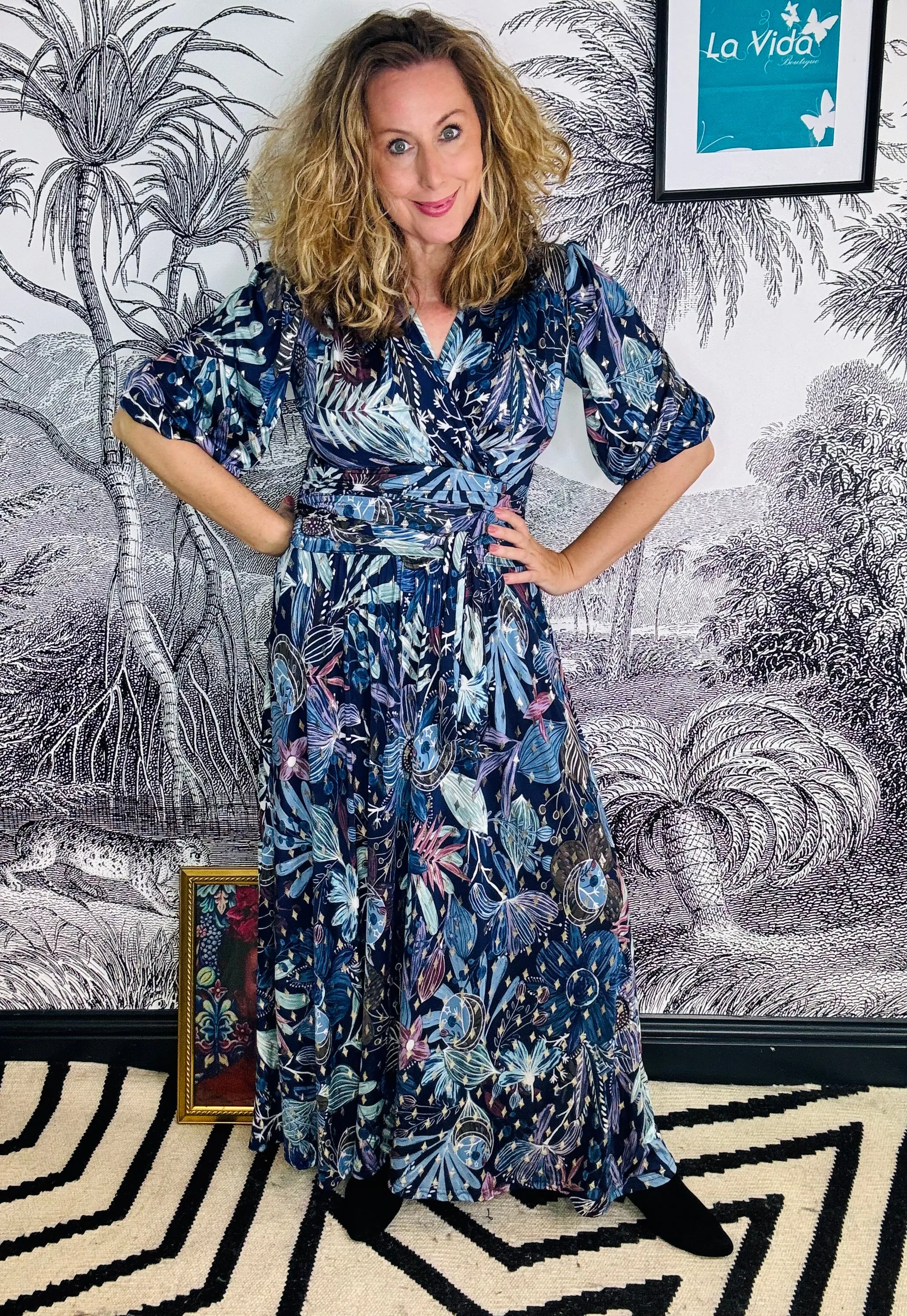 Deborah Maxi Dress in Moonlight Blue Gold Print