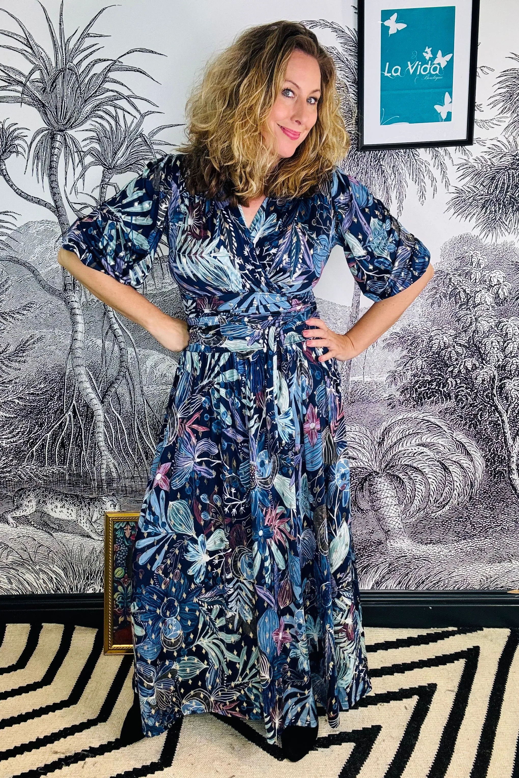 Deborah Maxi Dress in Moonlight Blue Gold Print