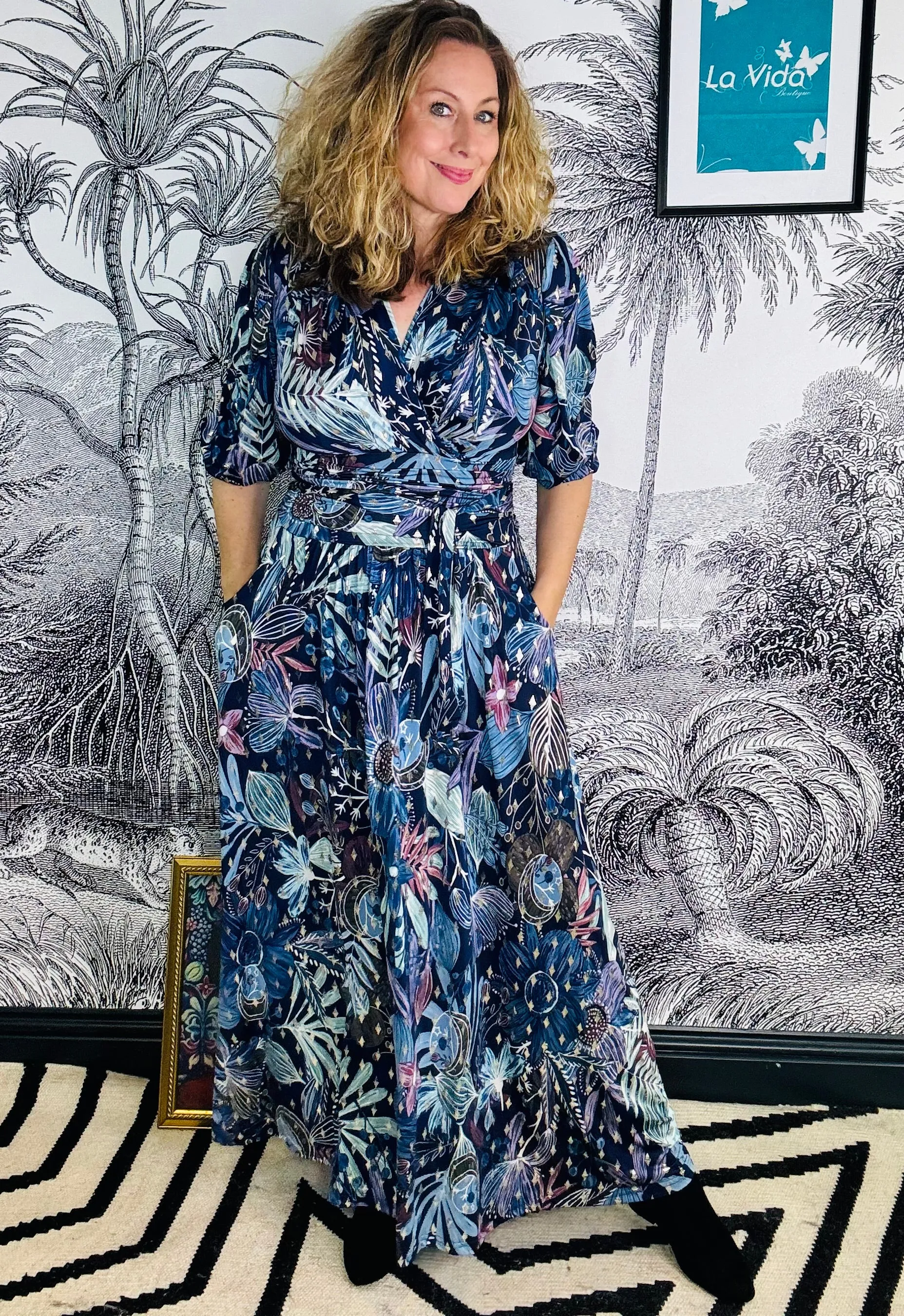 Deborah Maxi Dress in Moonlight Blue Gold Print