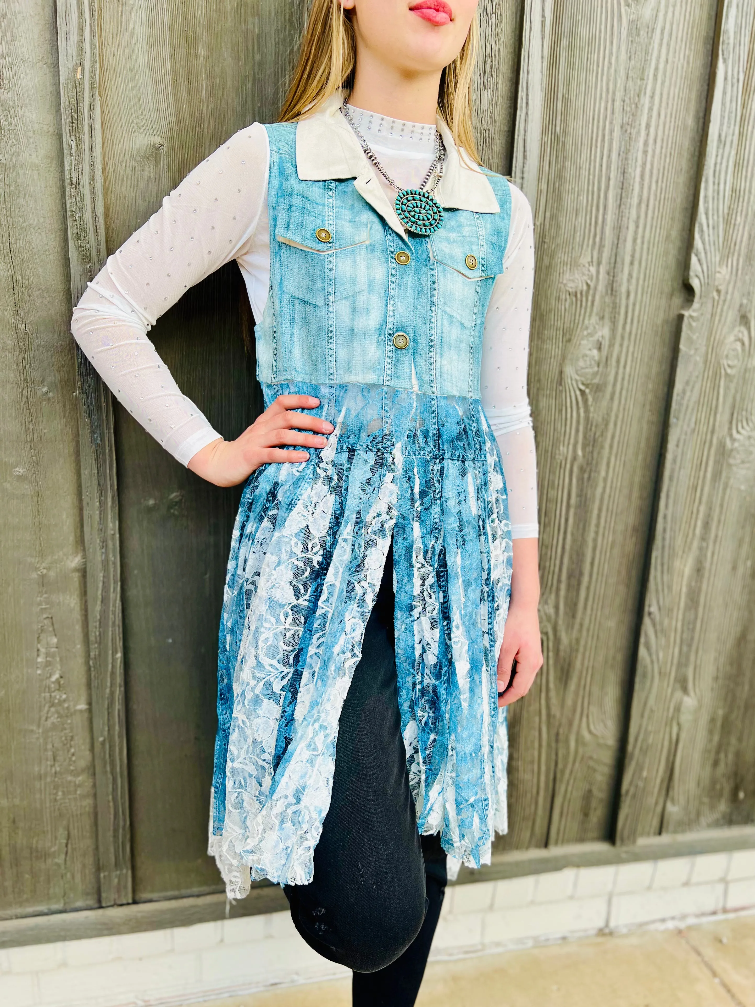 Denim Lace Layered Vest Cardigan