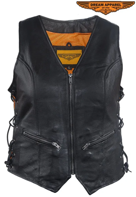 Dream Apparel Womens Leather Motorcycle  Zip Up Leather Vest With Concealed Carry