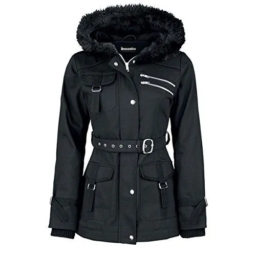 Dressation Womens Faux Fur Hooded Black Winter Parka Jacket Coat with Belt